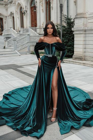 Dark Green Fashion Slit Front Off Shoulder Prom Dress | With Train Prom Dress_4