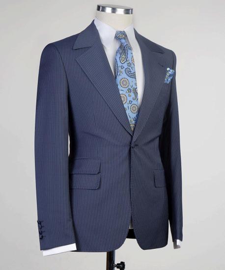 Latest navy stripe notch lapel three piece suit for men_3