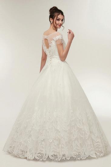 A-line Cap Sleeves Scoop Floor Length Lace Appliques Wedding Dresses with Crystals_2