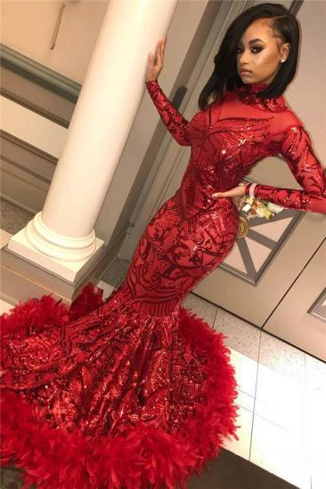 Long Sleeve Mermaid Red Prom Dresses Cheap | Sequins Appliques Feather Evening Dress