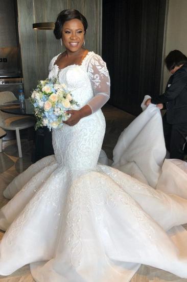 Luxury Mermaid Lace Wedding Dresses | Chapel Train Long Sleeves Appliques Bridal Gowms