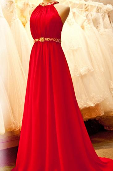 Sexy Bright Red Chiffon Halter Prom Dresses with Crystal Sash Long Train Ruffles Custom Made Evening Gowns CJ0146_1