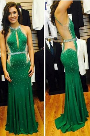 Crystal Green Mermaid Beading Evening Dress Halter Open Back Sweep Train Crystal Dresses for Women