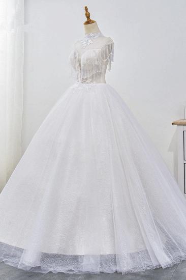 Bradyonlinewholesale Luxury Ball Gown High-Neck Tulle Wedding Dress Sparkly Sequins Sleeveless Appliques Bridal Gowns with Tassels_2