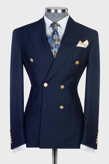 New Arrival Navy Double Breasted Slim Fit Bespoke Prom Men Suits_1