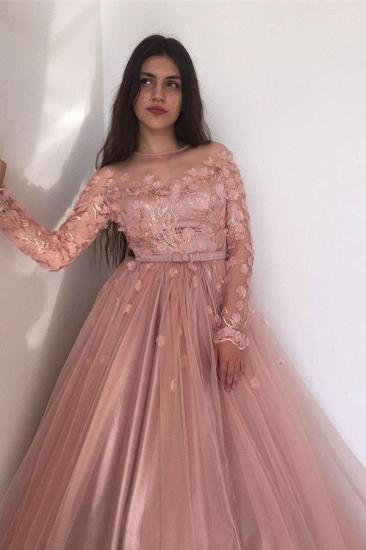 Long sleeves Floral Blow Dusty Pink Ball Gown Tulle Prom Dresses_4