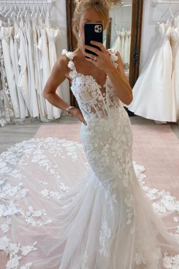 Sweetheart Appliques Lace Mermaid Wedding Dresses with Train_2