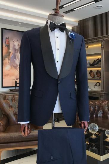 Navy One Button Wedding Suits With Black Shawl Lapel_1