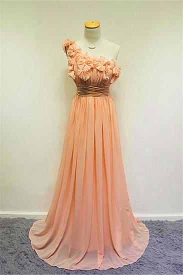 A-line One Shoulder Chiffon Applique Prom Dress Ruffled Sweep Train Lovely Evening Gowns with Flowers_2