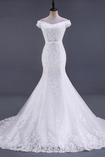 Bradyonlinewholesale Elegant Mermaid Off-the-Shoulder White Wedding Dress Sweetheart Sleeveless Lace Appliques Bridal Gowns with Rhinestones_1