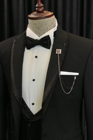 Benjamin's specially designed black wedding suit with shiny black pointed lapels_2