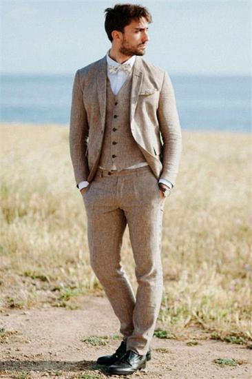 Khaki Linen Summer Beach Mens Classic Suit | Groom Wedding Tuxedo Set of 3_2