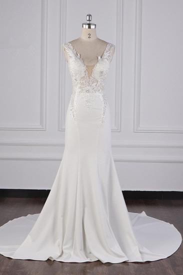 Bradyonlinewholesale Glamorous Mermaid Satin Sleeveless Wedding Dress White Lace Appliques Bridal Gowns with Beadings On sale