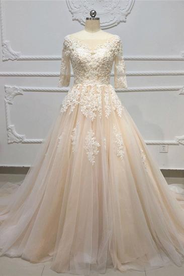 Bradyonlinewholesale Gorgeous Champagne Tulle Half Sleeve Long Wedding Dress White Lace Applique Bridal Gowns On Sale