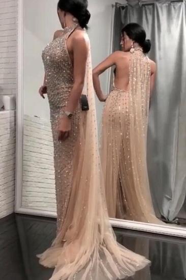 Glamorous Champagne Sheath Evening Dresses | Sexy Halter Backless Crystal Prom Dresses_4