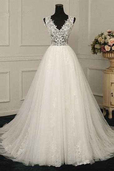 Bradyonlinewholesale Sexy V-Neck Sleeveless Tulle Wedding Dress See Through Top Appliques Bridal Gowns On Sale