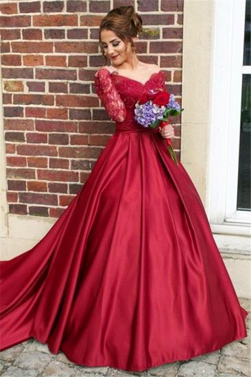 Off The Shoulder Long Sleeve Evening Dresses Dark Red V-neck Pretty Wedding Dresses_1