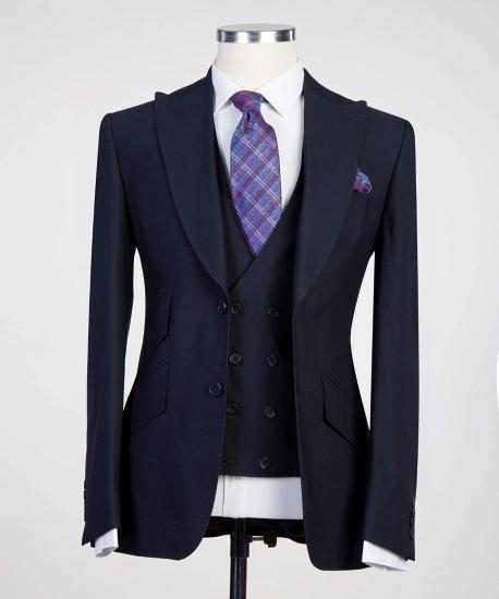 Fashion Dark Navy Three Pieces Peaked Lapel Men Suits_5