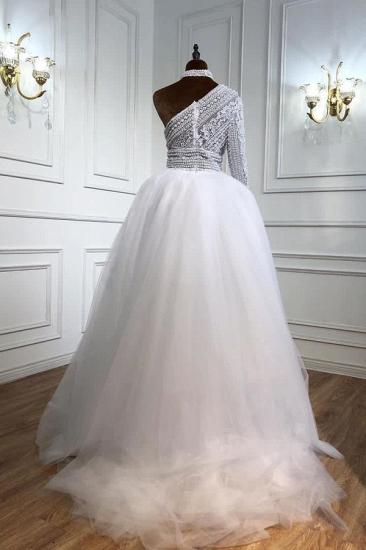 One Shoulder White Peals Lace Mermaid Wedding Gown with Tulle Detachable Train_2