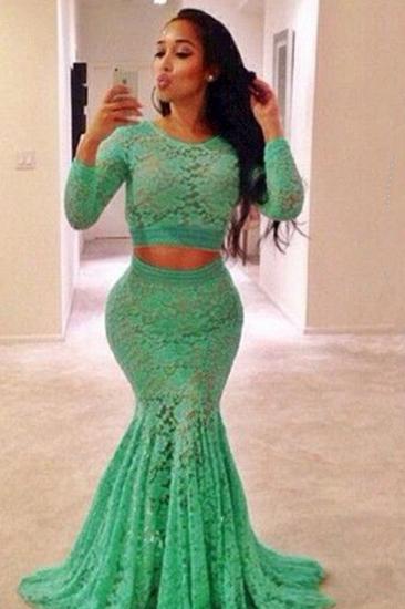 Sexy Green Two Pieces Lace Evening Dress Long Sleeve Mermaid Long Formal Special Occasion Dresses