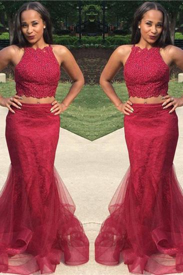 Two Piece Burgundy Lace Prom Dresses Sexy | Sleeveless Puffy Tulle Evening Gown_2