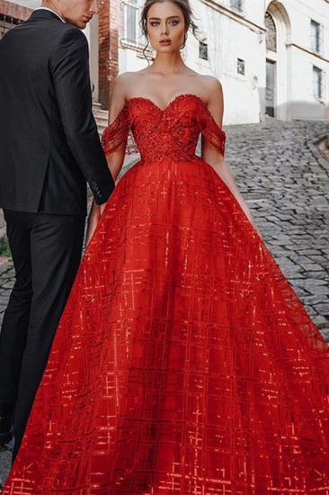 Unique Red Off-the-shoulder Sparkle Puffy Evening Dress_1