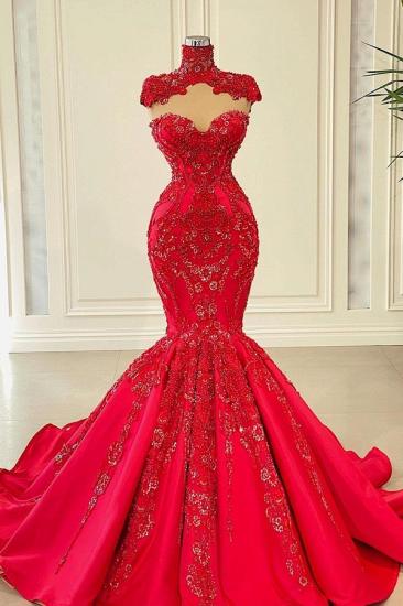 Elegant Long Red Turtleneck Lace Evening Dress | Sleeveless Lace Ball Gown_1