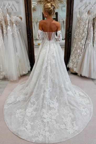 Strapless Lace up Appliques Lace A-Line Wedding Dresses with Train_2