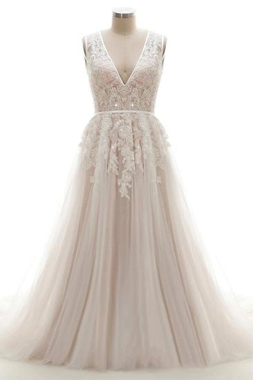 Elegant V-Neck Lace Appliques A-line Wedding Dress Tulle Evening party Dress_1