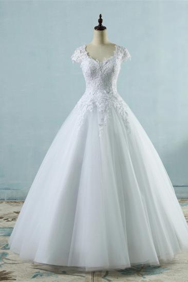 Bradyonlinewholesale Elegant V-Neck Tull Lace White Wedding Dress Short Sleeves Appliques Bridal Gowns Online_1