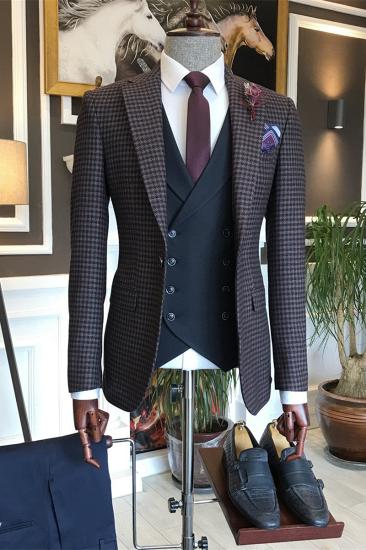 Craig Newest Plaid Peaked Lapel Three Pieces Business Men Suits With Black Vest_1