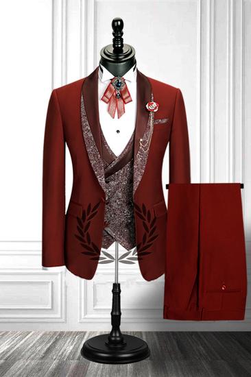 Red 3 Piece Stitching Lapel Stylish Double Breasted Waistcoat Mens Formal Suit_2