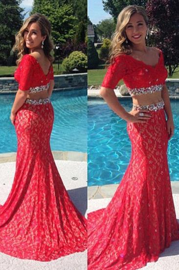 New Arrival V-Neck Red Long Evening Dress Half Sleeve Lace Sexy Mermaid Two Pieces Dresses_1