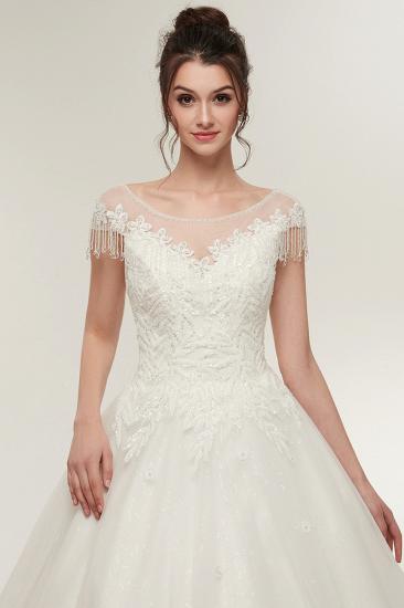 A-line Cap Sleeves Scoop Floor Length Lace Appliques Wedding Dresses with Crystals_8