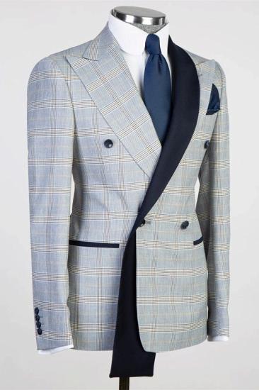 Stewart Light Blue Peaked Lapel Double Breasted Plaid Prom Suits_2