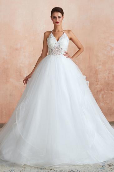 Exquisite Lace Halter Ball Gown White Wedding Dress with Open Back_3