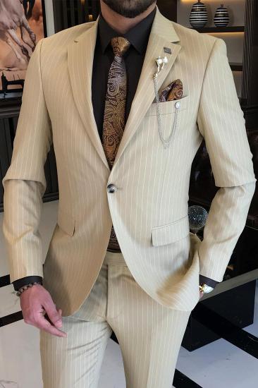 Adonis Light Khaki Notched Lapel One Button Striped Business Suits_2