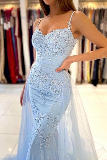 Charming Sky Blue Mermaid Maxi Evenign Dress with Floral Lace Appliques Detachable Train_4