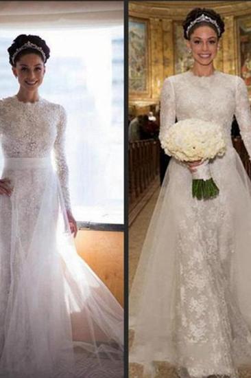 Latest High Collar Long Sleeve Wedding Dress with Beadings Lace Sweep Train Bridal Gown_3