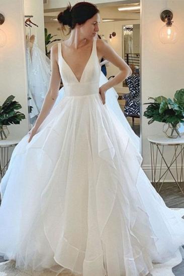 Sexy Deep V-neck Sleeveless White Tulle Wedding Dresses with Ruffles_2
