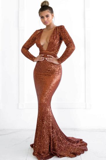Long Sleeve Mermaid Sequins Prom Dresses Cheap | Sexy V-neck Evening Gowns