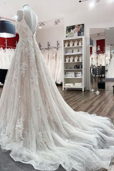 Romantic Deep V Neck Tulle Floral Lace Wedding Dress Sleeveless Aline Dress for Wedding_4