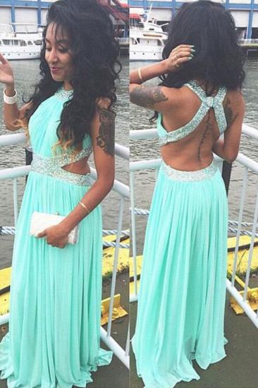 A-Line Green Chiffon Long Prom Dress with Beadings New Arrival Halter Open Back Evening Dress