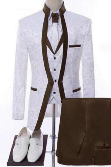 Oliver Stylish Brown Shawl Lapel Jacquard Three Pieces Wedding Suits_1