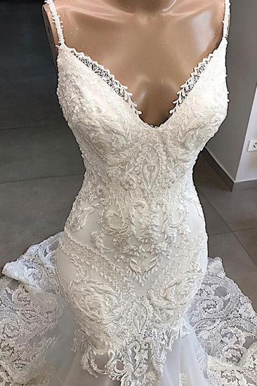 Elegant Spaghetti Strap V-neck White Sleeveless Mermaid Open Back Wedding Dress with Chapel Train_3