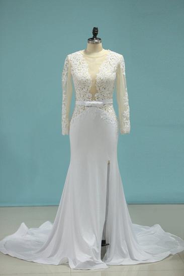 Bradyonlinewholesale Chic Jewel Long Sleeves Tulle Chiffon Wedding Dress Lace Appliques Front Slit Bridal Gowns Online