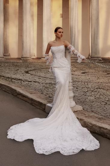 Unique Strapless Sequins Appliques Lace Mermaid Wedding Dresses_5