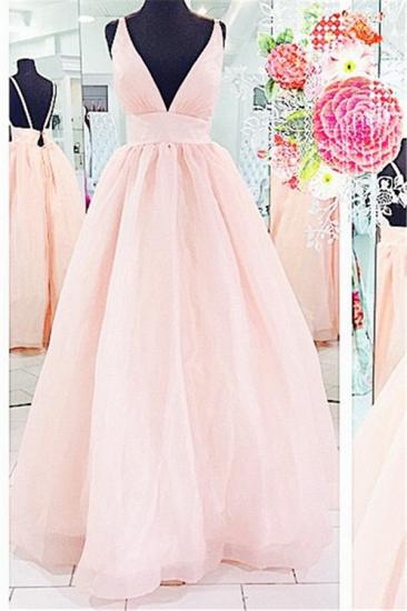 Pink Deep V-Neck Charming Evening Dresses Floor Length Stunning Prom Dresses_1