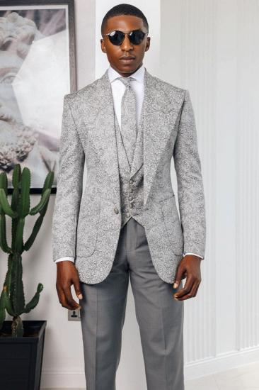 Abraham Gray Jacquard Peaked Lapel Three Pieces Prom Suits_3