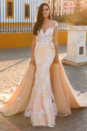 Elegant V-Neck Lace Applique Mermaid Bridal Gowns | Cap SleeveWedding Dress with detachable Train